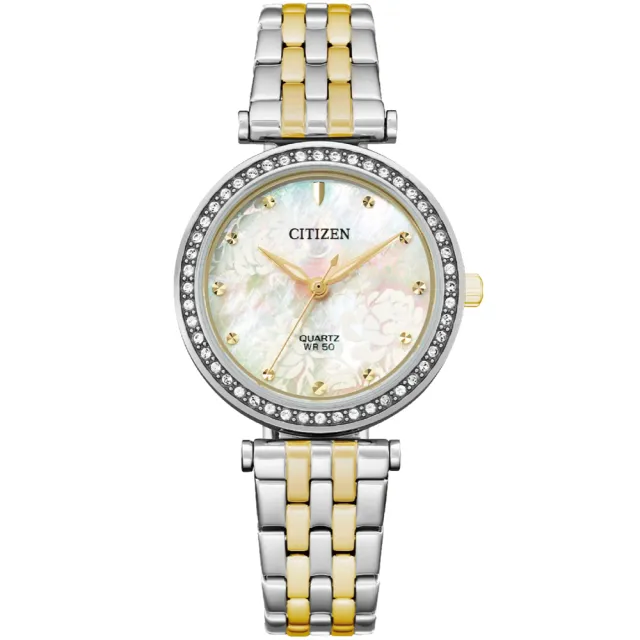 【CITIZEN 星辰】花語晶鑽珍珠貝石英女錶-30mm 送行動電源 畢業禮物(ER0214-54D)