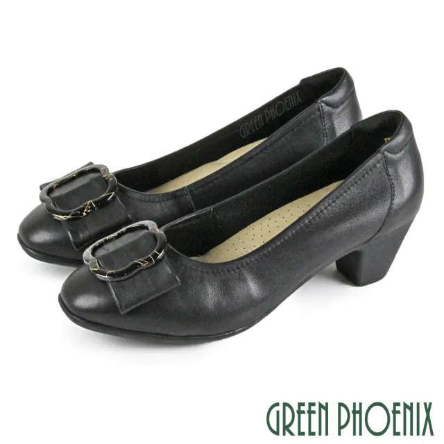 【GREEN PHOENIX 波兒德】女 跟鞋 包鞋 粗跟 全真皮 蝴蝶結 OL通勤面試鞋(杏色、黑色)