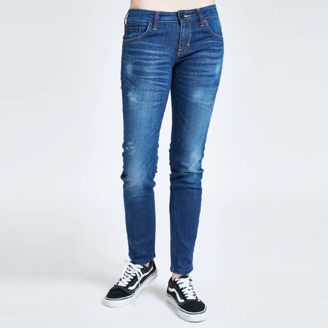 【EDWIN】女裝 MISS EDGE 紅線窄管牛仔褲(中古藍)