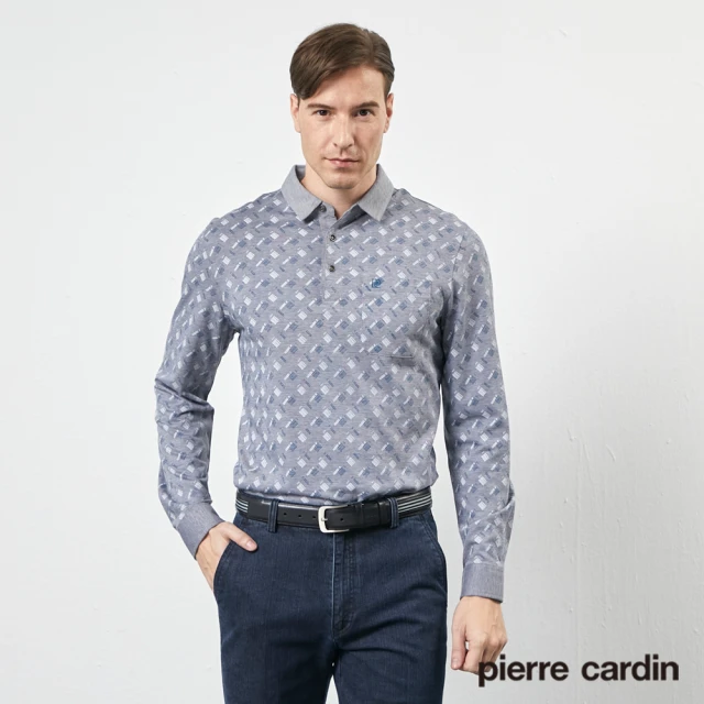 【pierre cardin 皮爾卡登】商務休閒 男款 雙色網眼印花長袖POLO衫-丈青(5205270-38)