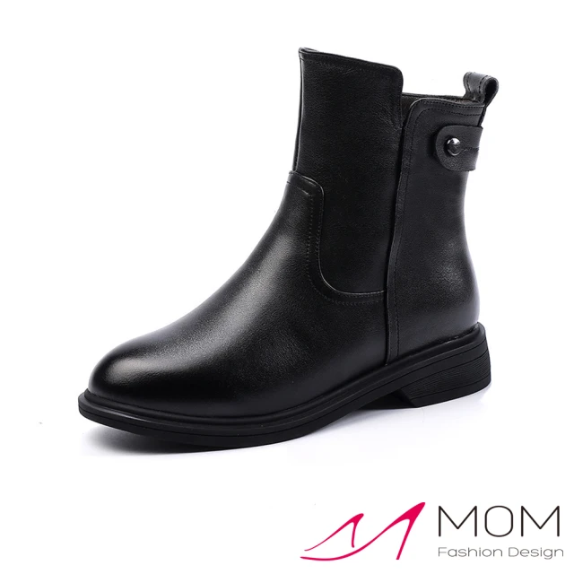 【MOM】真皮短靴 低跟短靴/真皮保暖機能簡約造型時尚低跟短靴(黑)