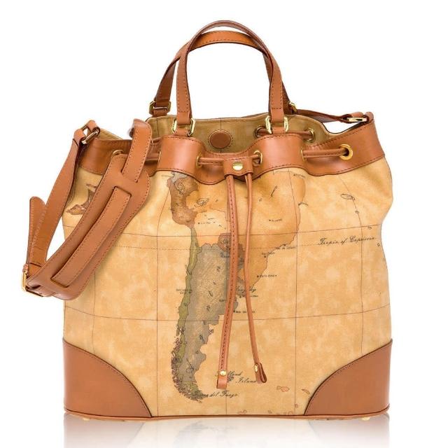 【Alviero Martini】義大利地圖包 束口斜側背水桶包-大(地圖黃)