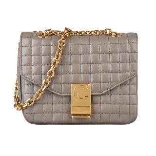 【CELINE】CELINE C CHARMS金字LOGO格紋縫線小牛皮扣式鏈帶肩背包(灰)