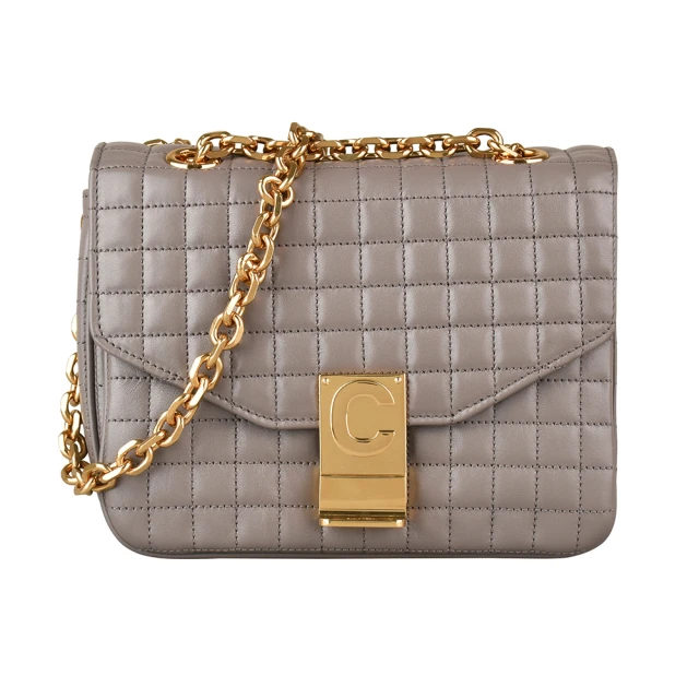 【CELINE】CELINE C CHARMS金字LOGO格紋縫線小牛皮扣式鏈帶肩背包(灰)