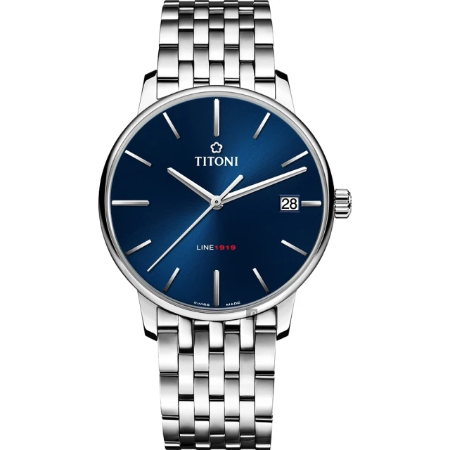 【TITONI 梅花錶】LINE1919 百年紀念 T10機械錶-藍x銀/40mm(83919 S-612)