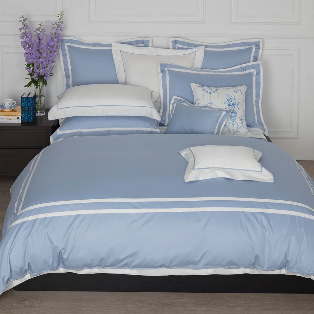 【WEDGWOOD】500織長纖棉Bi-Color素色被套枕套組-紐曼經典藍(加大240x210cm)