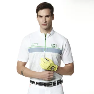 【Lynx Golf】男款吸汗速乾Lynx電繡半身三角印花短袖立領POLO衫/高爾夫球衫(白色)