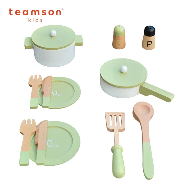 【Teamson】小廚師法蘭克福木製玩具廚房餐具組_綠色(家家酒14件組)