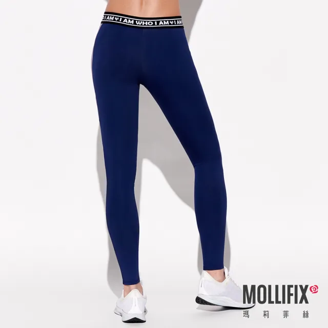 【Mollifix 瑪莉菲絲】撞色拼接褲頭織帶動塑褲、瑜珈服、Legging(藍+灰)