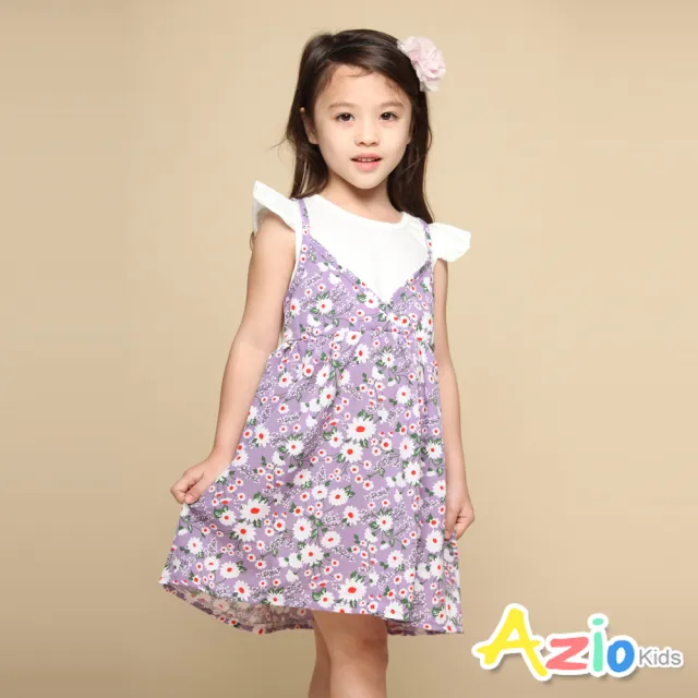 【Azio Kids 美國派】女童 洋裝 滿版小白花草印花假兩件荷葉短袖洋裝(紫)