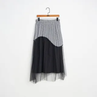 【gozo】條紋拼接網紗壓褶裙(兩色)