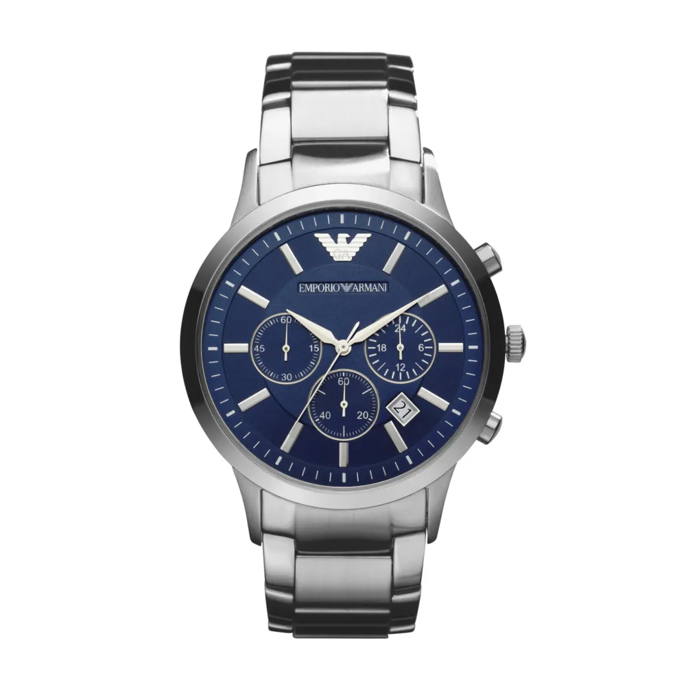 【EMPORIO ARMANI 官方直營】Renato 都會經典湛藍三眼多功手錶 銀色不鏽鋼鍊帶 43MM AR2448