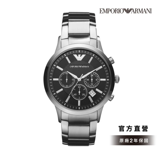 EMPORIO ARMANI 官方直營 Renato 都會經典酷黑三眼多功手錶 銀色不鏽鋼鍊帶 43MM AR2434