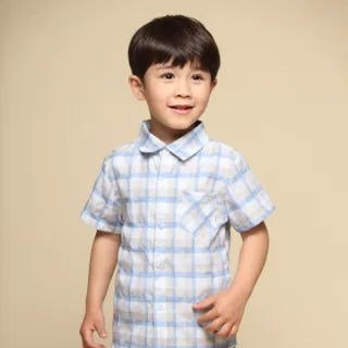 【Azio Kids 美國派】男童 上衣 單口袋藍白杏配色格紋短袖襯衫(藍)