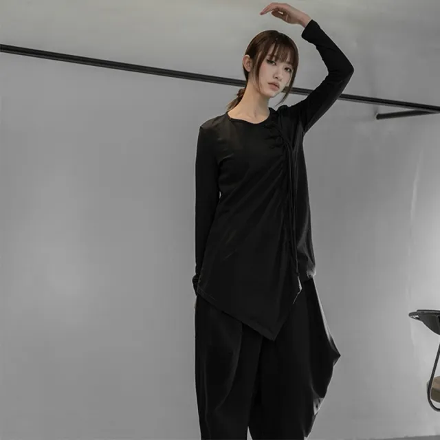 【設計所在】新暗黑YS三本中國風盤扣褶皺中長版T恤 T-976(S-L可選)