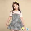 【Azio Kids 美國派】女童 洋裝 假兩件露肩造型吊帶細格短袖洋裝(粉)