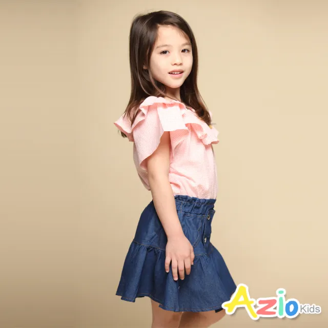 【Azio Kids 美國派】女童 短裙 四釦造型拼接波浪牛仔短裙附安全褲(藍)