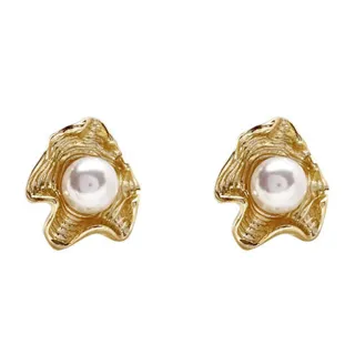 【INES】韓國設計S925銀針不規則金屬貝殼珍珠耳環