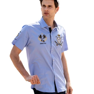 【Crocodile】男時尚精緻刺繡短袖襯衫(水藍色/白色)