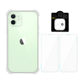 【RedMoon】APPLE iPhone12 6.1吋 手機殼貼4件組 軍規殼-9H玻璃保貼2入+3D全包鏡頭貼(i12)