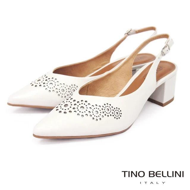 TINO BELLINI 貝里尼 巴西進口幾何花朵全真皮後釦帶中跟鞋F1V0009(白)