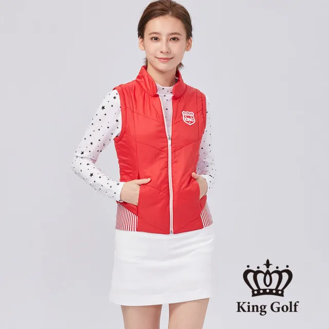【KING GOLF】速達-女款盾牌刺繡下擺條紋拼接厚款鋪棉背心外套(紅色)