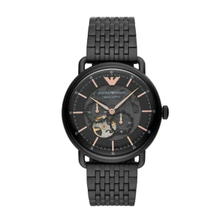 【EMPORIO ARMANI】經典鏤空黑鋼機械腕錶42mm(AR60025)
