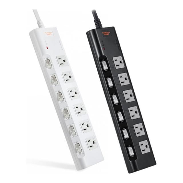 【PowerSync 群加】6開6插高耐燃防雷擊磁鐵延長線 1.8M-黑/白(TN6B0018/PWS-EMS6618)
