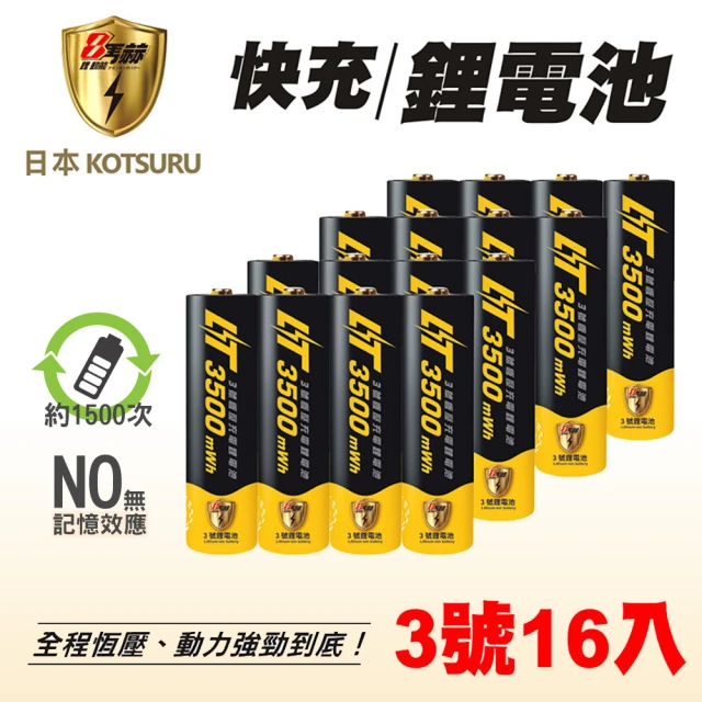 【日本KOTSURU】8馬赫3號 恆壓可充式1.5V鋰電池3500mWh 16入