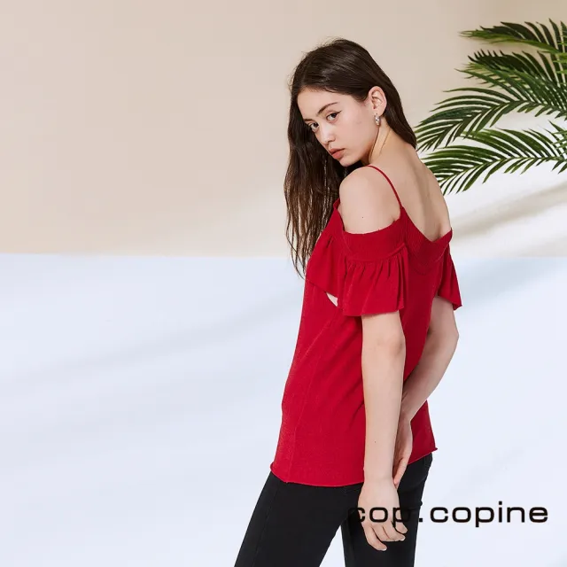 【ICHE 衣哲】Cop.Copine 法國原裝進口露肩荷葉針織造型上衣-嘉年華紅