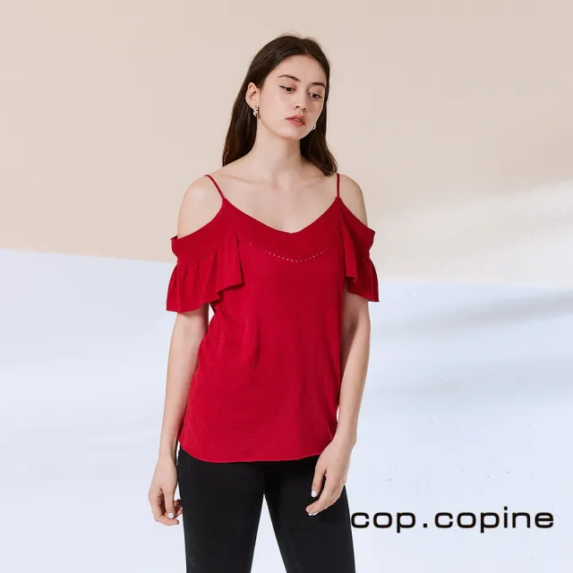 【ICHE 衣哲】Cop.Copine 法國原裝進口露肩荷葉針織造型上衣-嘉年華紅