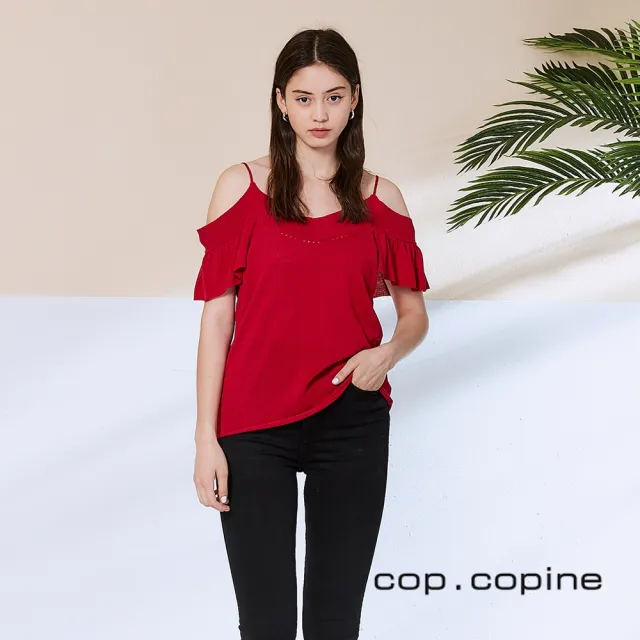 【ICHE 衣哲】Cop.Copine 法國原裝進口露肩荷葉針織造型上衣-嘉年華紅