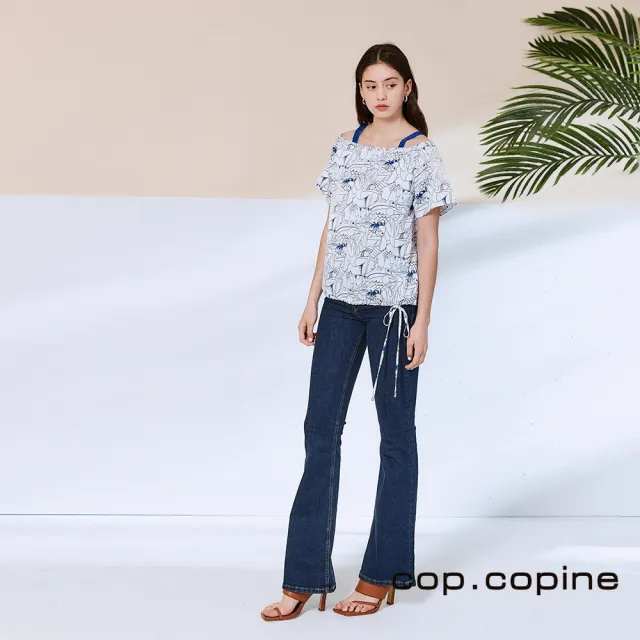 【ICHE 衣哲】Cop.Copine 法國原裝進口露肩人像印花造型上衣-奶酪白