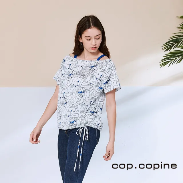 【ICHE 衣哲】Cop.Copine 法國原裝進口露肩人像印花造型上衣-奶酪白