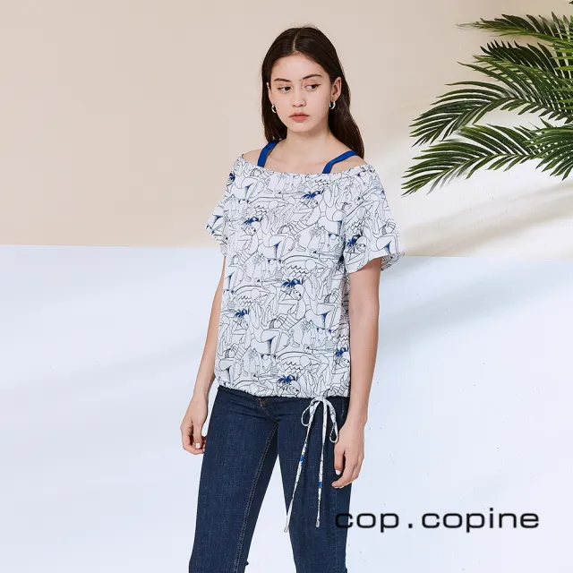 【ICHE 衣哲】Cop.Copine 法國原裝進口露肩人像印花造型上衣-奶酪白