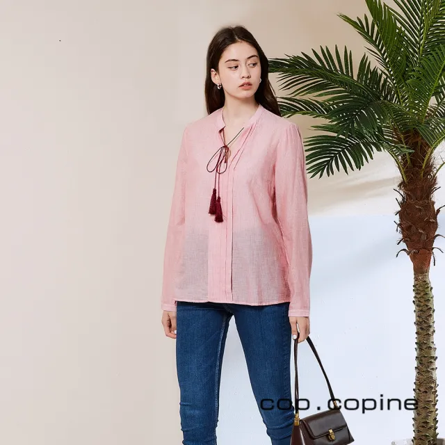 【ICHE 衣哲】Cop.Copine 法國原裝進口流蘇造型襯衫上衣-花簇粉