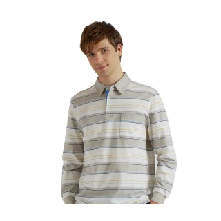 【ROBERTA 諾貝達】男裝  色條組合條紋 純絲光棉長袖POLO棉衫(灰)