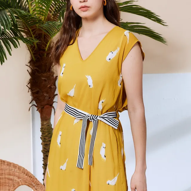 【ICHE 衣哲】Cop.Copine 法國原裝進口V領印花後拼接造型洋裝