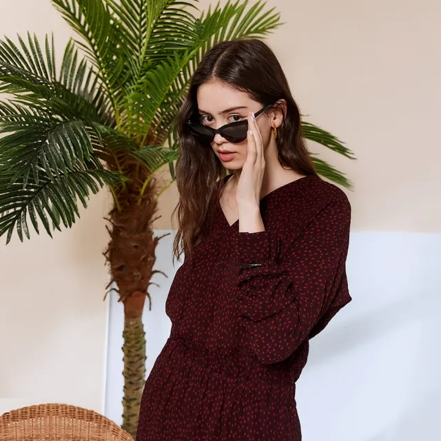 【ICHE 衣哲】Cop.Copine 法國原裝進口印花抽繩長袖造型洋裝