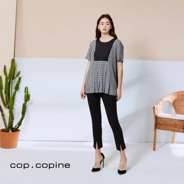 【ICHE 衣哲】Cop.Copine 法國原裝進口格紋印花拼接造型上衣-高級灰