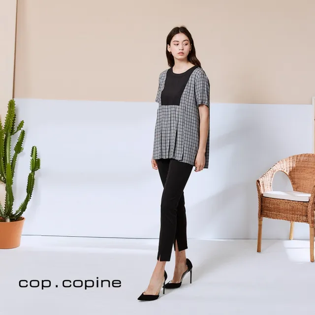 【ICHE 衣哲】Cop.Copine 法國原裝進口格紋印花拼接造型上衣-高級灰