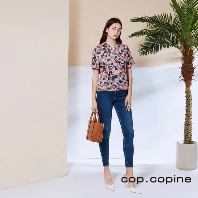【ICHE 衣哲】Cop.Copine 法國原裝進口露肩印花露背襯衫造型上衣-花簇粉