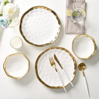 【MOMO獨家組合 Homely Zakka】北歐輕奢風錘紋鍍金邊不規則陶瓷餐具_6件組(飯碗 湯碗 餐具 餐碗 盤子 器皿)