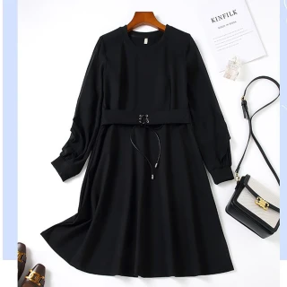 【麗質達人】12553黑色腰綁帶假二件洋裝(特價商品)