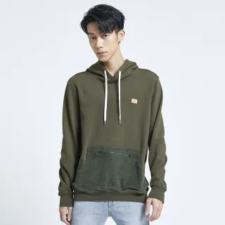 【EDWIN】男裝 條絨口袋長袖連帽T恤(橄欖綠)