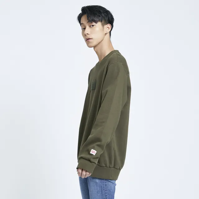 【EDWIN】男裝 BOX繡花厚長袖T恤(橄欖綠)