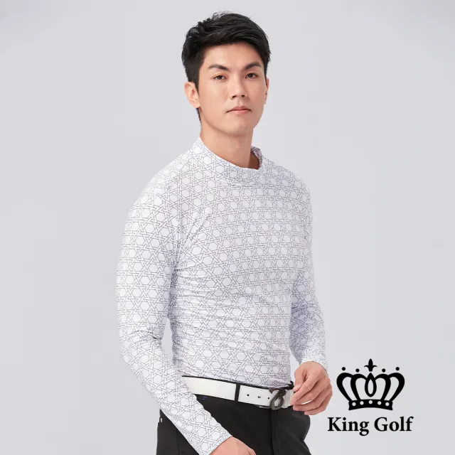 【KING GOLF】速達-膠標LOGO三角幾何刷毛款長袖內搭高領衫(白色)