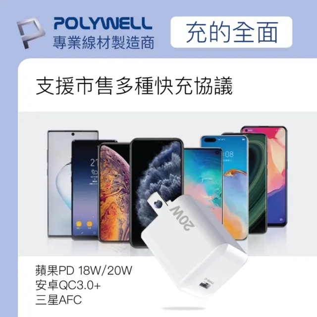 【POLYWELL】迷你20W快充組 Type-C充電器+Type-C 3A快充線 2M(適用於安卓快充設備)