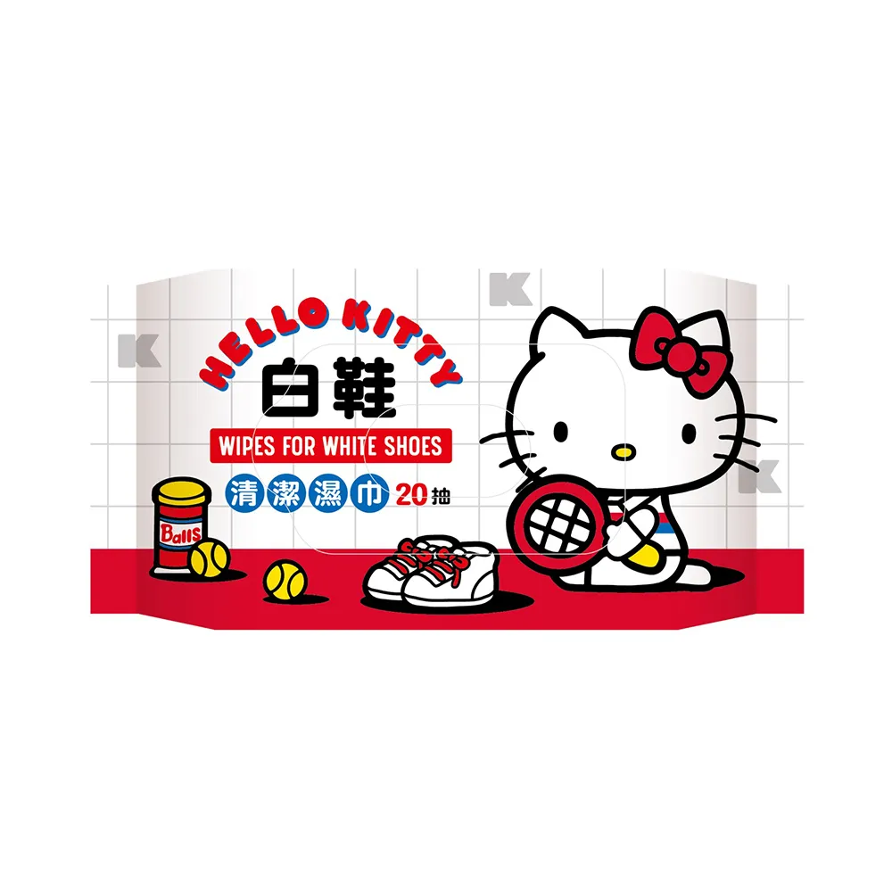 【SANRIO 三麗鷗】Hello Kitty 凱蒂貓 白鞋清潔濕巾 20抽X6包 擦鞋濕紙巾 適用於運動鞋 添加強效去污因子