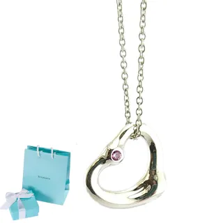 【Tiffany&Co. 蒂芙尼】925純銀Open Heart鑲粉紅寶墜飾項鍊